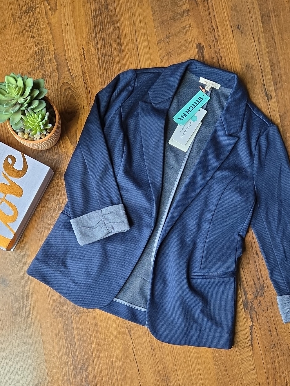 NEW Skies Are Blue Asa Navy Open-Front Knit Blazer with Gray Trim Small